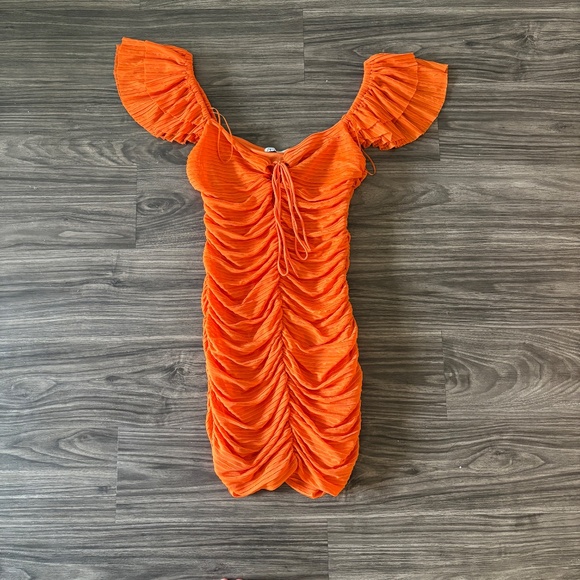 Zara Womens Pleated Ruffle Mini Dress Orange Medium - Picture 3 of 10
